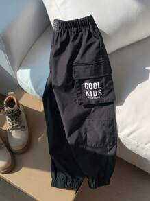 SHEIN Leap Crew 男童休閒寬鬆街頭風3d口袋透氣舒適裝扮褲,適用於春夏季節 - 黑色 - 查看 6