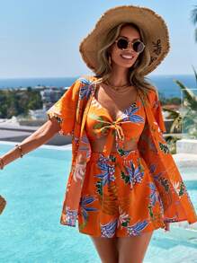 SHEIN VCAY 3 cái/bộ Của phụ nữ Nhiệt đới Thực vật In Ngắn tay Áo sơ mi , Top Cây trồng Và Quần short Đối với bờ biển Ngày lễ - trái cam - Xem 5