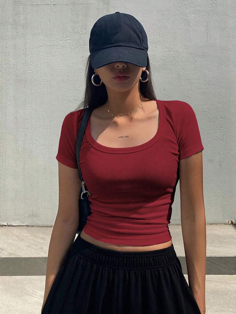 Solid Color Ribbed Knit Cropped Slim Fit Short Sleeve T-Shirt Summer