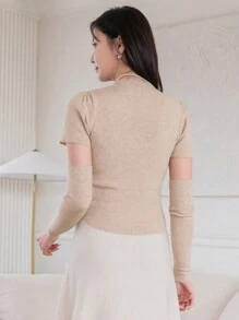 Einfarbiges Slim-Fit-Strickoberteil mit Rippen - Aprikosenfarben - Übersicht 2