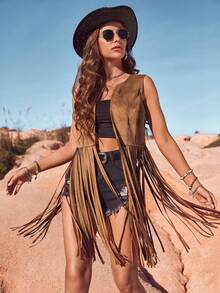 RELISH NOLESS Women's Denim Festival Country Music Concert Holiday Jacket, Casual Sexy Bohemian Style Lightweight Suede Fringe Vest For Summer Spring - Camel - View 5