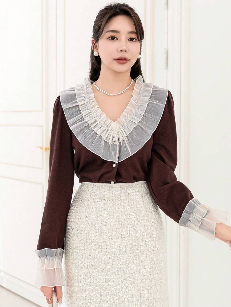 Women's Color Block Ruffle Hem Patchwork T-Shirt,Fall Clothes Long Sleeve Women Tops