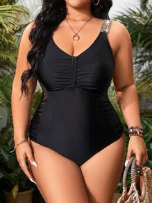 SHEIN Swim Curve 大尺寸合身一件式泳衣,帶有褶皺和編織設計細節 - 黑色 - 查看 6