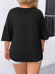 SHEIN Clasi Blusa De Talla Grande Para Mujer Con Cuello En V Y Mangas Con Volantes De Color Sólido - Negro - Ver 2