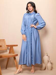 Seusyu Solid Color Ruffle Trim Decorated Lantern Sleeve Dress - Blue - View 8