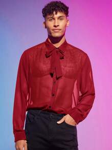 Manfinity Fever City Men Tie Neck Button Front Sheer Shirt - Red - View 1