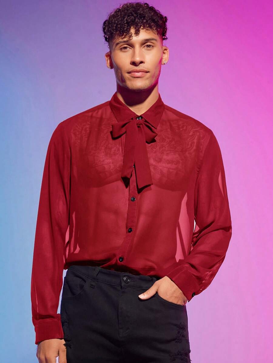 Manfinity Fever City Men Tie Neck Button Front Sheer Shirt - Red - View 1