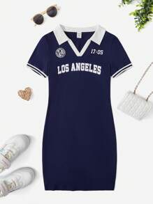 SHEIN Chicas adolescentes Vestido con estampado de letra de cuello en contraste - Azul Marino - Ver 1