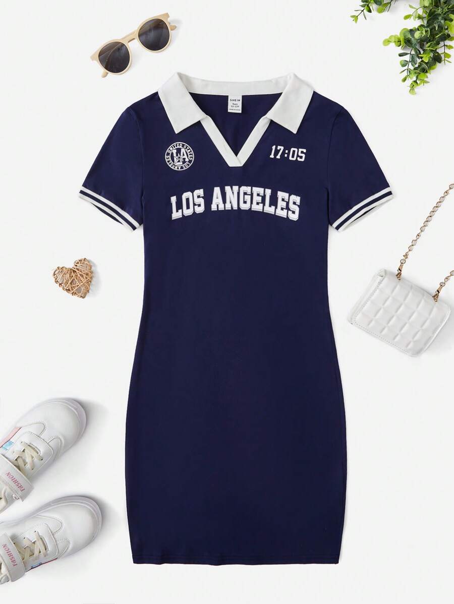 SHEIN Chicas adolescentes Vestido con estampado de letra de cuello en contraste - Azul Marino - Ver 1