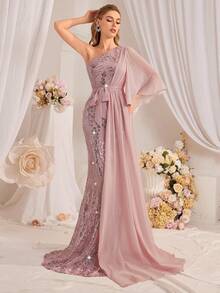 Women's Asymmetrical Neck Sequined Evening Gown Elegant Formal Prom Wedding Guest Dress, For Graduation, Dinner Party Dress - Pink - View 3