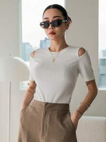 Dazy Designer Của phụ nữ Vai Thiết kế Áo thun - trắng - Xem 7