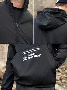 SHEIN In My Nature Men's Hooded Outdoor Casual Jacket With Letter Print - Black - View 6