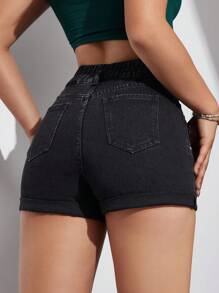 SHEIN EZwear 實色修身牛仔短褲,斜口口袋設計 - 黑色 - 查看 3