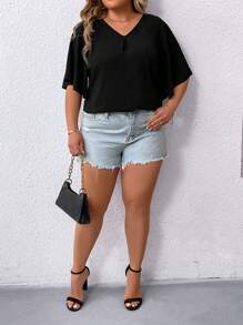 SHEIN Clasi Blusa De Talla Grande Para Mujer Con Cuello En V Y Mangas Con Volantes De Color Sólido - Negro - Ver 6