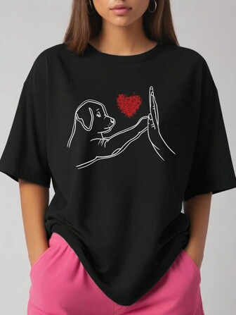 SHEIN EZwear Plus Size Women's Loose Fit T-Shirt With Dog Fist Graphic Design