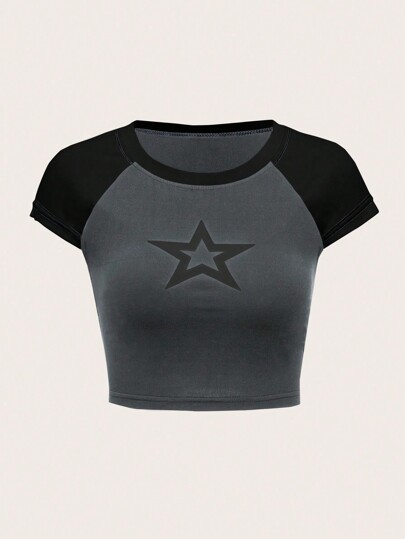Grunge Punk Star Print Two Tones Tee, School