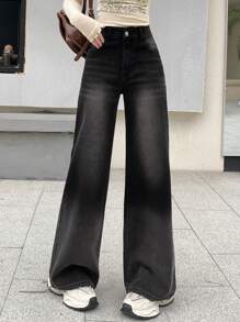 DAZY 女性漸變寬腿牛仔褲 - 黑色 - 查看 6