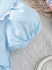 Robe à col Peter Pan à manches bouffantes courtes avec broderie florale pour bébé fille - Bleu azur - Voir 4