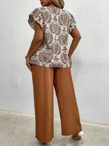 SHEIN LUNE Top imprimé floral de style bohème avec encolure V et manches à volants et pantalon droit ample, style décontracté pour l'été, grande taille