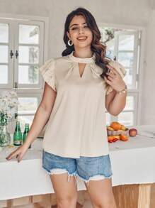 SHEIN Franclia 大码蕾丝细节盖袖衬衫 - 杏色 - 查看 1