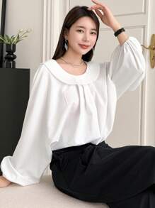 DAZY Back Bow Tie Detail Batwing Sleeve Blouse With Ruffle Hem,Fall Clothes Long Sleeve Top - White - View 9