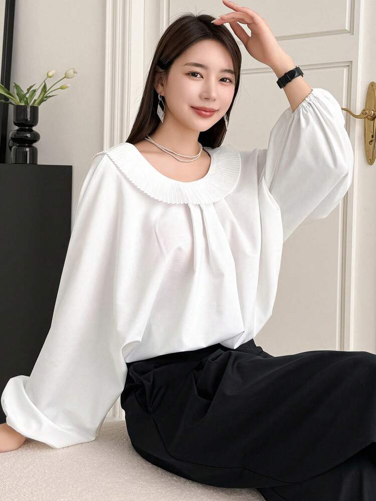 Back Bow Tie Detail Batwing Sleeve Blouse With Ruffle Hem,Fall Clothes Long Sleeve Top
