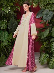 Al Najma 女款色塊印花拼接裙,帶主教袖和刺繡裝飾