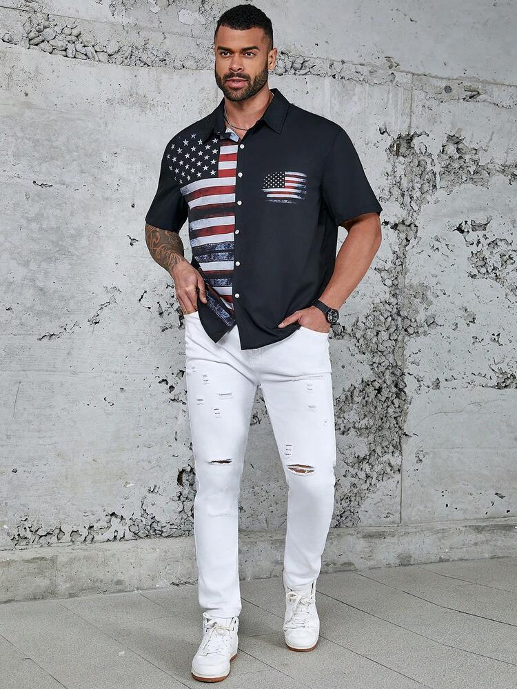 Men's Plus Size Flag Printed Button-Front Short Sleeve Shirt
