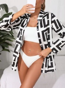 SHEIN Swim Geometric Pattern Button Up Kimono Summer - Black and White - View 3