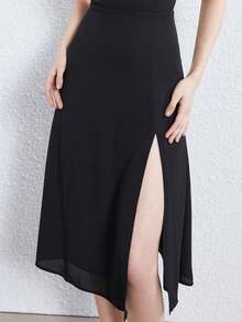 Elegant Solid Color Waist Cinched Split Front Spaghetti Strap Dress - Black - View 6
