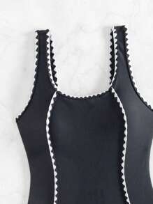 SHEIN Swim Bộ đồ bơi liền thân cổ vuông màu sắc mùa hè ôm vừa vặn có viền xếp nếp - Đen và trắng - Xem 4