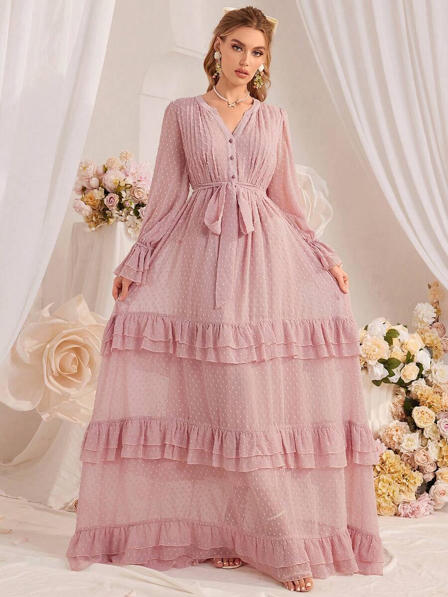 Women's Chiffon Ruffle Notched Neck Maxi Bridesmaid Dress - Pink - View 1