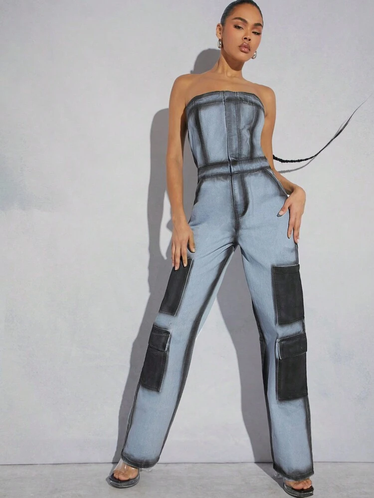 Colorblock Tube Cargo Denim Jumpsuit