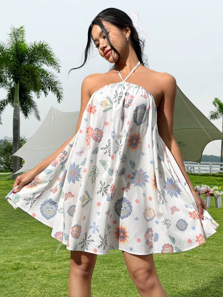 Floral Print Halter Backless Loose Dress