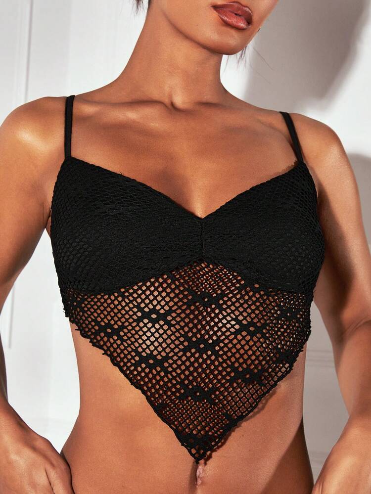 Black Hollow Out Fishnet Crochet Top With Asymmetrical Hem, Deep V-Neckline, Ruched Detail In Front And Spaghetti Straps, Perfect For Vacation, Beach, Nightclub, Country Festival Outfits, Music Festival Stagecoach