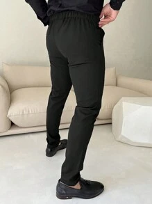 Manfinity Homme Men Solid Slant Pocket Pants Straight Leg Long Slacks Plain Black Going Out - Black - View 2