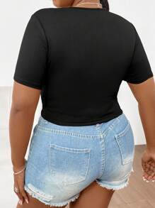 Flirla Plus Size Wing & Letter Print Button Front Short Sleeve T-Shirt - Black - View 2