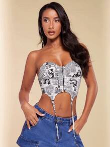 SHEIN BAE Haut Corset De Festival De Musique Été Boho Renaissance Graphiques Foire T-shirts Pour Femmes Haut De Bikini Tops Country Concert Crop Tops Graphiques Mignons D'été