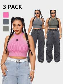 SHEIN EZwear CURVE Plus Size Women's Sleeveless Fitted Knitted Top, Multiple Pack - Multicolor - View 2