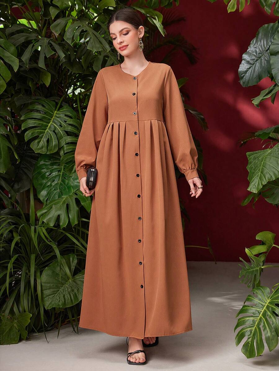 Mulvari 純色女式百褶袖裙,前排鈕扣裝飾 - 黃色 - 查看 1