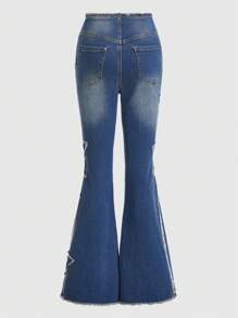 ROMWE Fairycore 星星圖案毛邊緣牛仔喇叭褲 - 深色水洗藍 - 查看 2