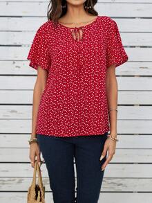EMERY ROSE Camisa De Mujer De Manga Corta Con Lunares Rojos, Mangas De Volantes Y Nudo En La Cintura Para Vacaciones En El Campo, Verano - Multicolor - Ver 6