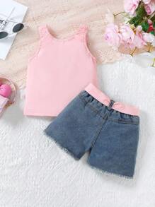 SHEIN 女婴休闲可爱字母印花上衣和破洞牛仔短裤 - 彩色 - 查看 2