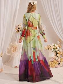 女士优雅扎染几何印花灯笼袖连衣裙，适合春夏季 - 彩色 - 查看 2