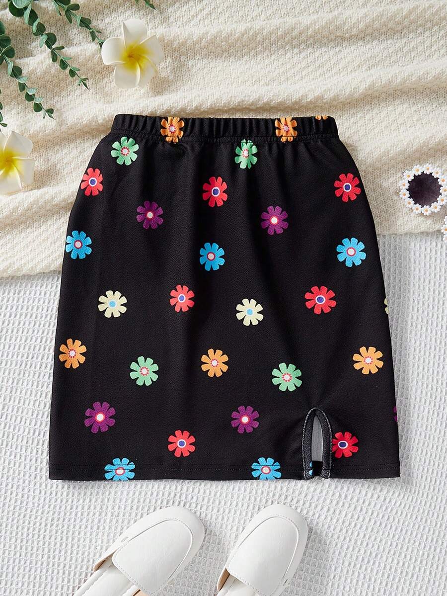 SHEIN 少女针织花卉印花休闲迷你裙 - 黑色 - 查看 1