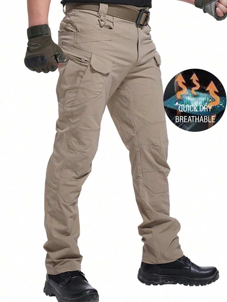 Pantalones cargo con bolsillo con cremallera y detalle de solapa para hombres (sin cinturón) para deportes de primavera - Caqui - Añade 1