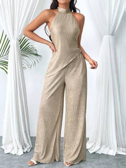 Firerie Conjunto de top halter de verano con bajo asimétrico y pantalón de pierna ancha de cintura alta, conjunto de ropa casual diaria elegante y moderno para playa y vacaciones, ropa de regreso a la escuela de 2 piezas, conjunto de ropa de mujeres para crucero Y2k, ropa vintage de moda de los 90