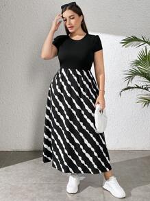 SHEIN Essnce 女裝大尺碼時尚彩色條紋印花和花朵拼接減肥連身裙,適用於春夏季節 - 黑與白 - 查看 1