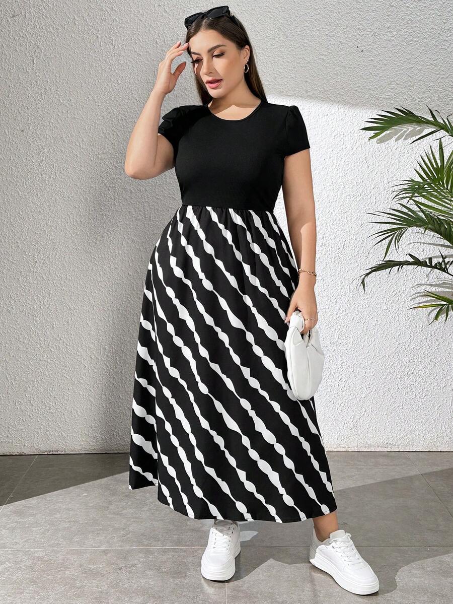 SHEIN Essnce 女裝大尺碼時尚彩色條紋印花和花朵拼接減肥連身裙,適用於春夏季節 - 黑與白 - 查看 1