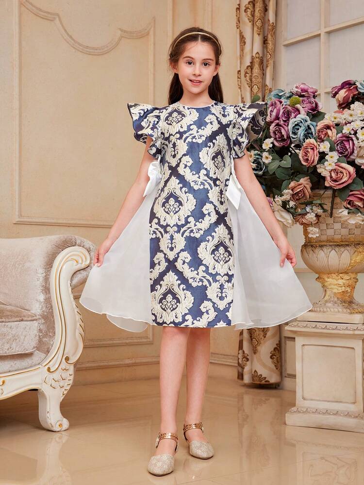 Tween Girls Gorgeous Embroidered Mesh Contrast A-Line Dress With Round Neckline And Bowknot Decoration